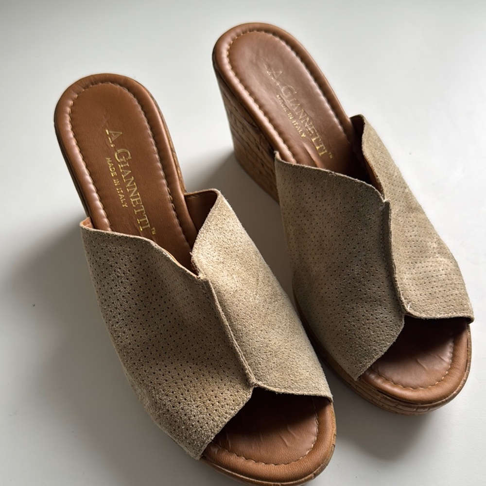 A. Giannetti Tan Wedge Slip-On Sandals